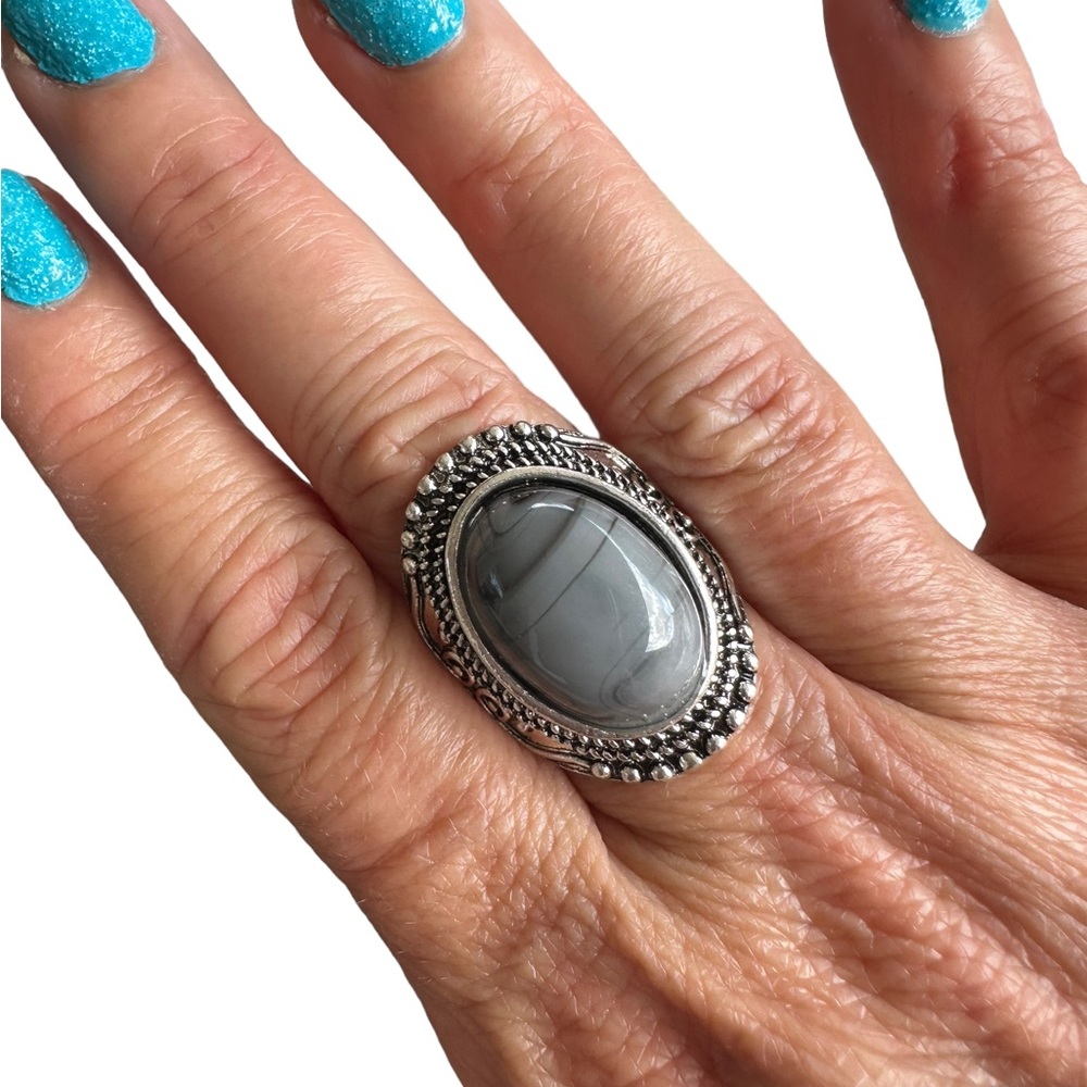 Vintage Boho Silver and Marbled Gray Stone